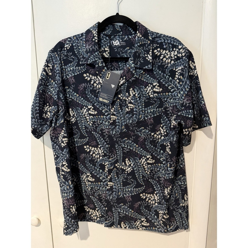 VRST Men's Performance Resort Shirt Size Medium Navy Fern Foliage Button Up Blue